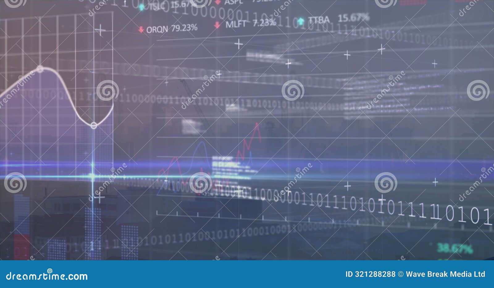 image of stock market data processing and blue light trails against aerial view of cityscape