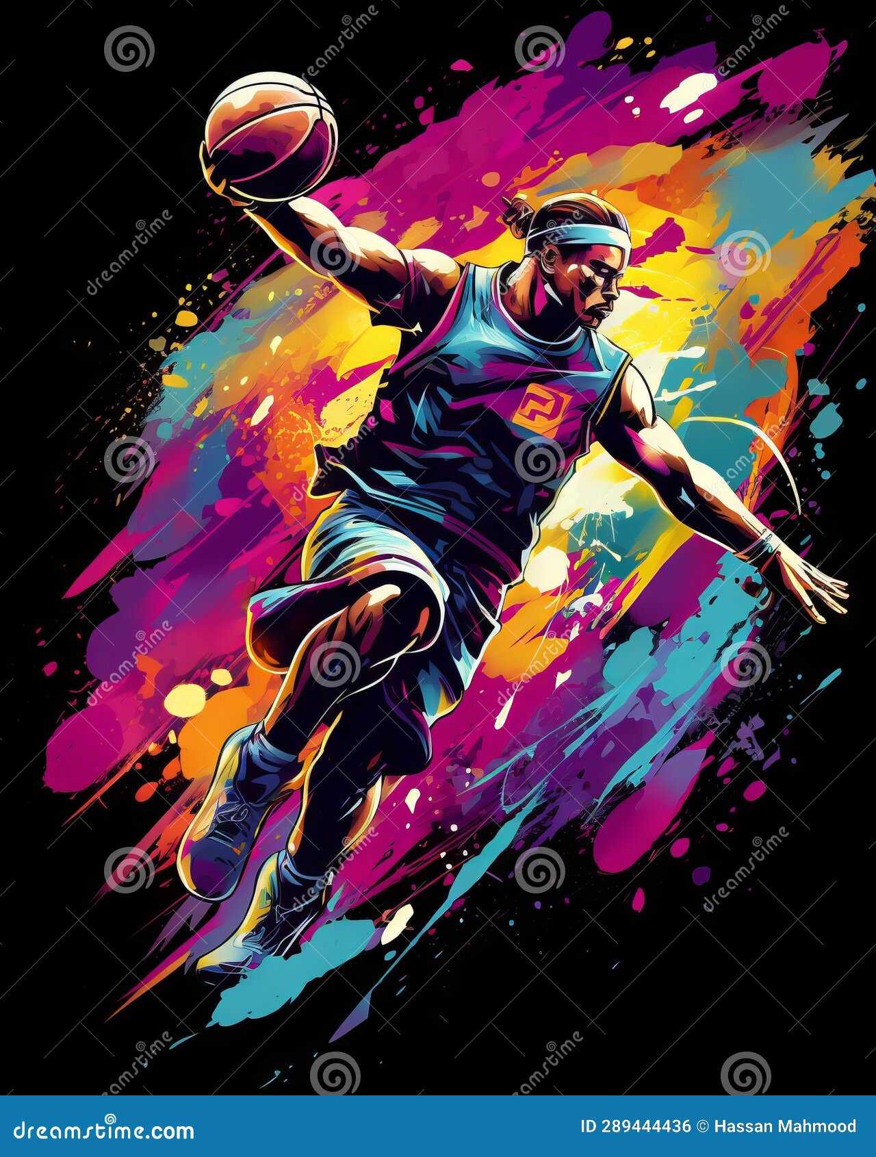 Dark BackBasketball Slam Dunk Illustration with Vibrant Colors and Bold ...