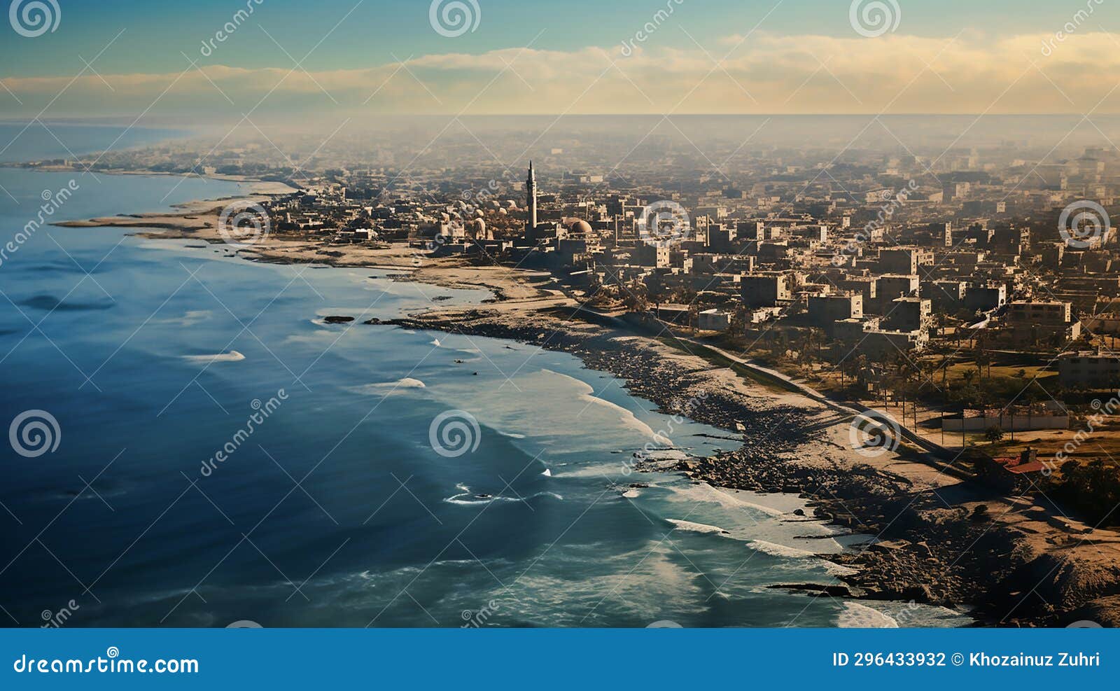 Skyline at a Low View of a Gaza City and the Sea from an Airplane