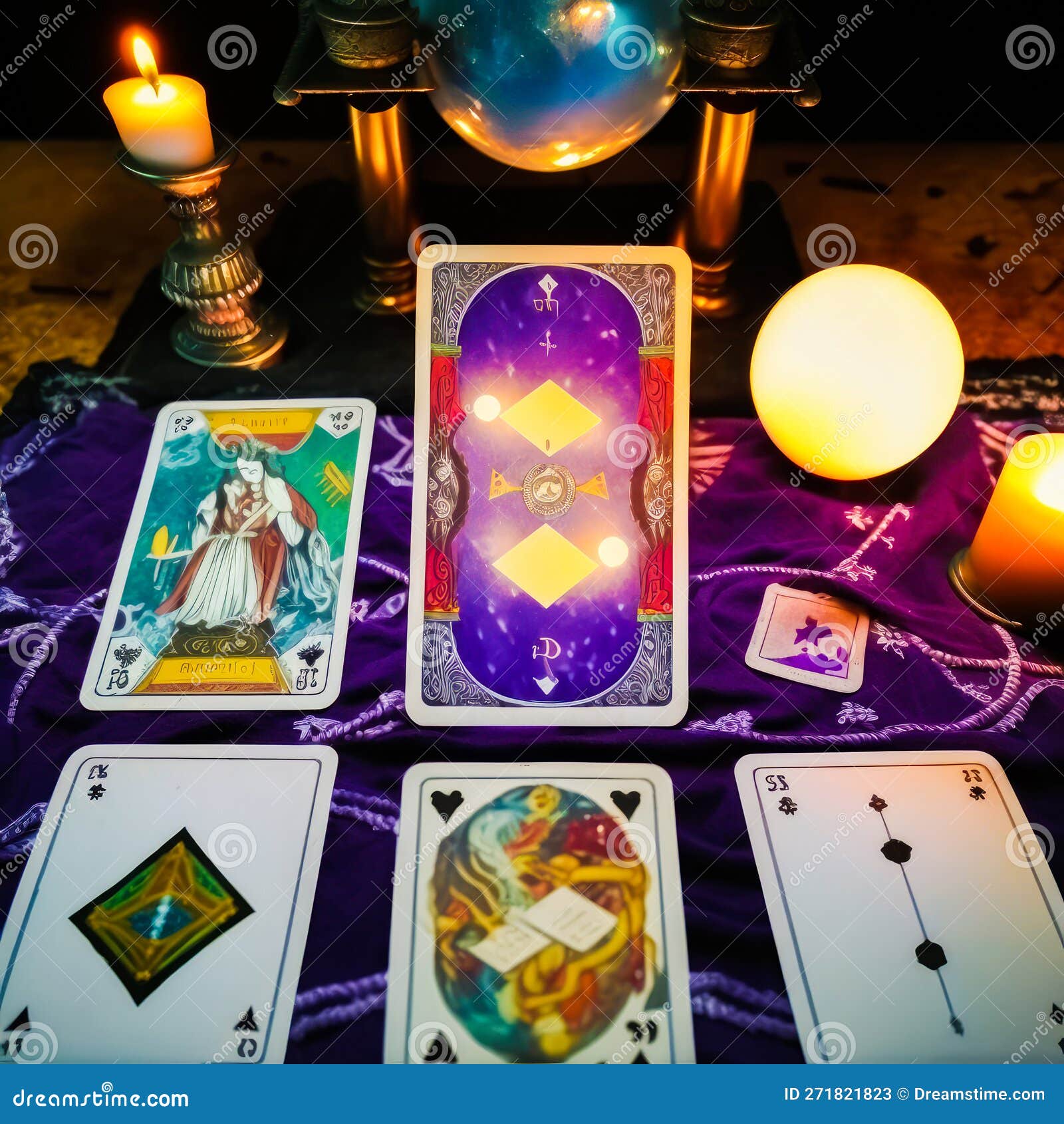 An Image of Tarot Cards and Candles on Purple Cloth. Generative AI