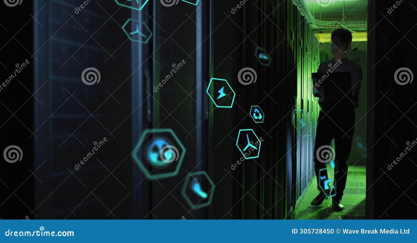 image of tech icons in hexagones over asian man working in server room
