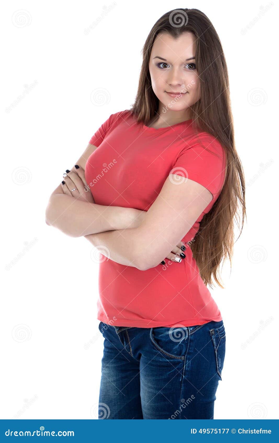 Image Of Cute Teenage Girl With Long Flowing Hair And Arms Crossed