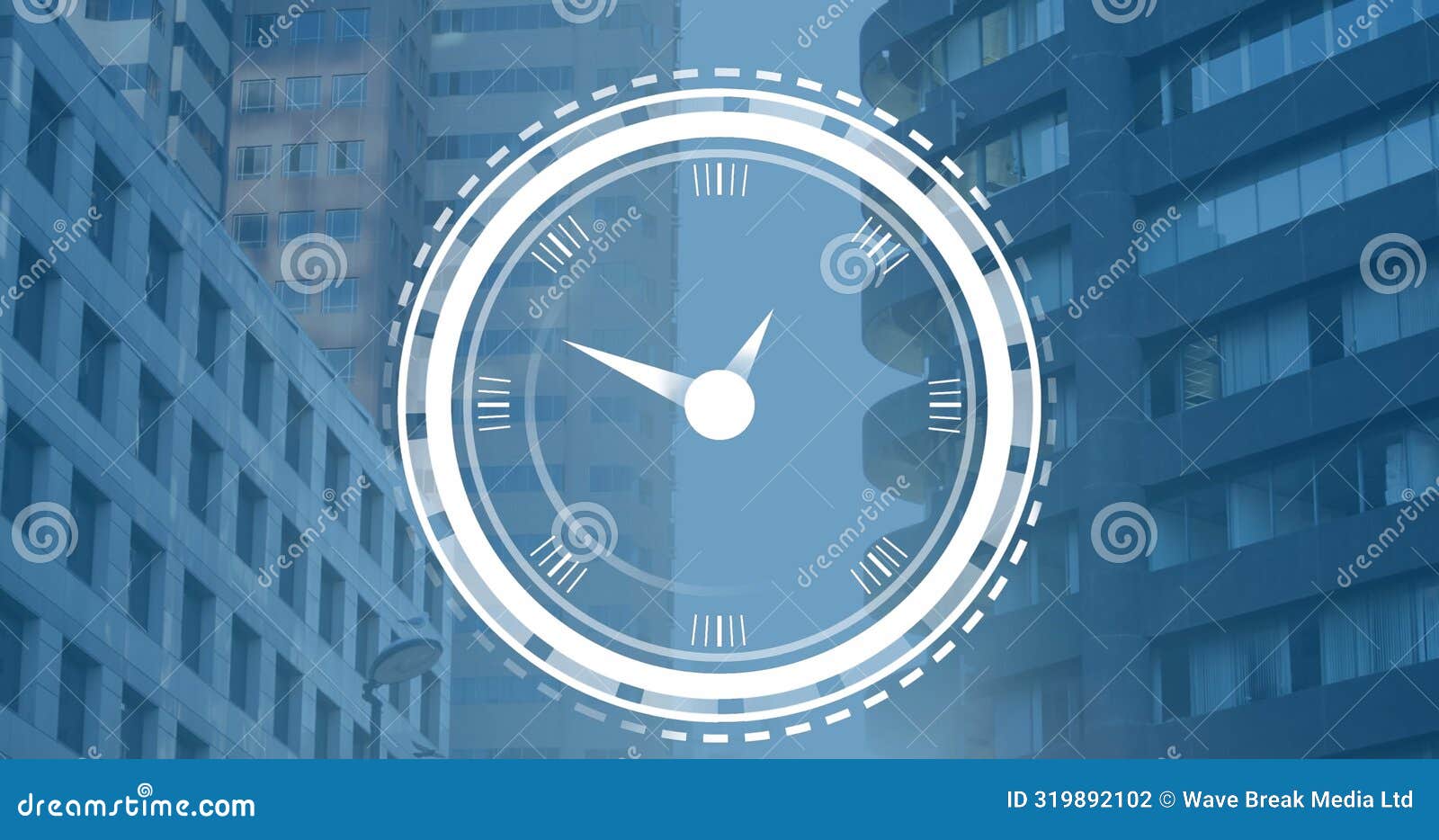 image of ticking clock icon against view of tall buildings