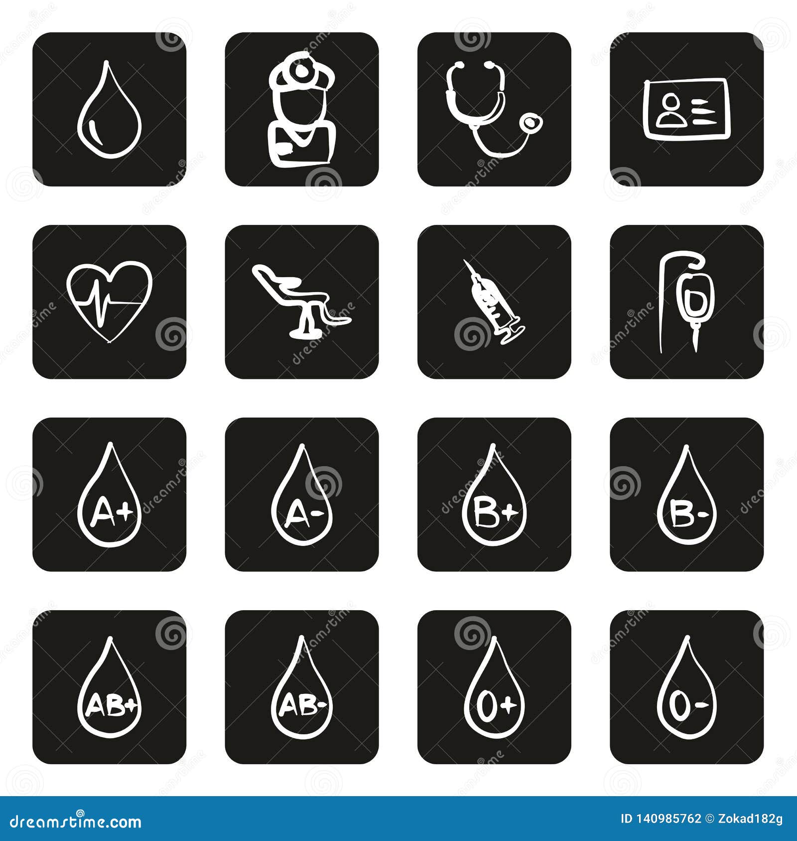 Blood Donation Or Blood Type Icons Freehand White On Black