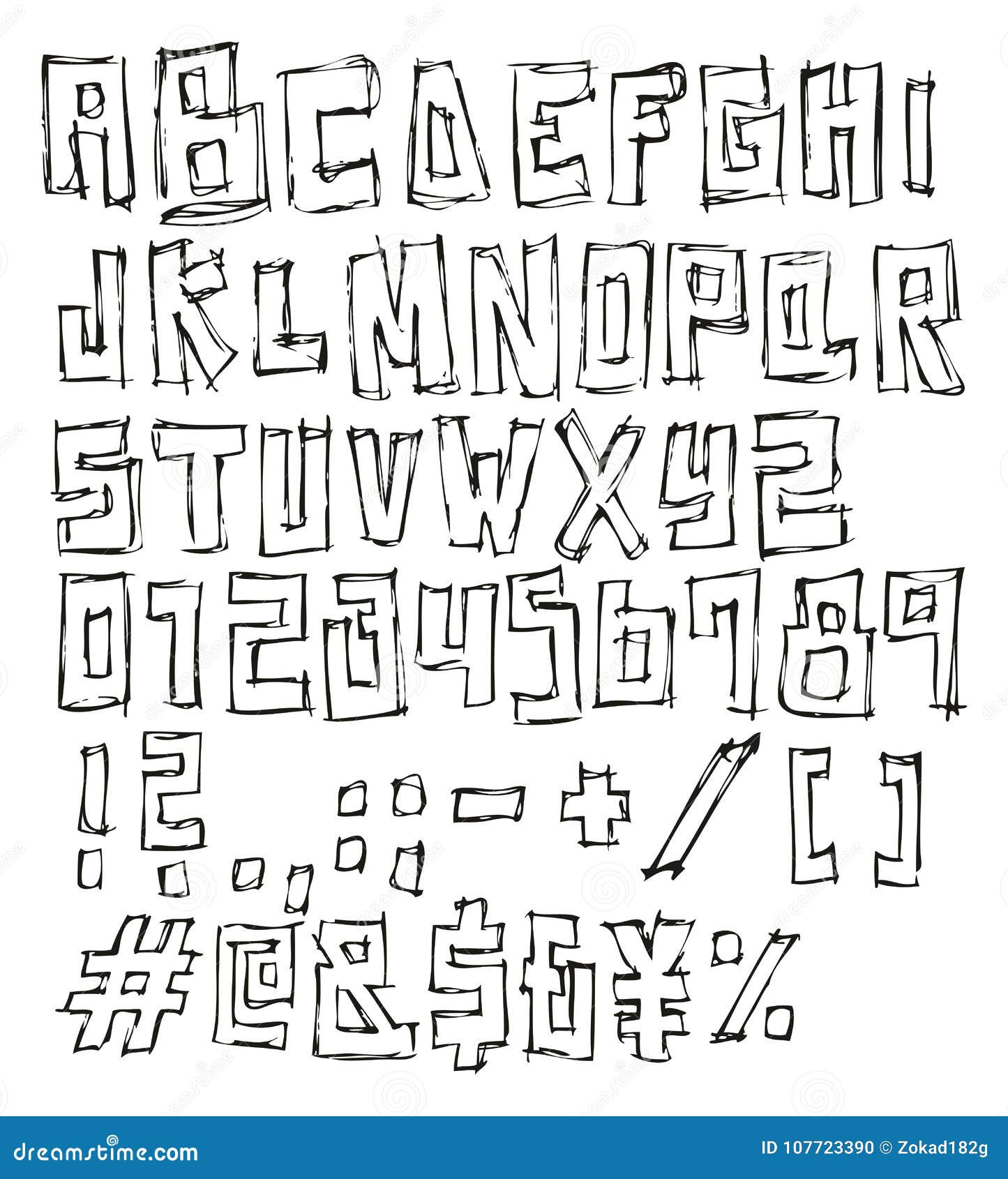 Thin Pen Doodle Block Vector Font With Uppercase Letters Numbers