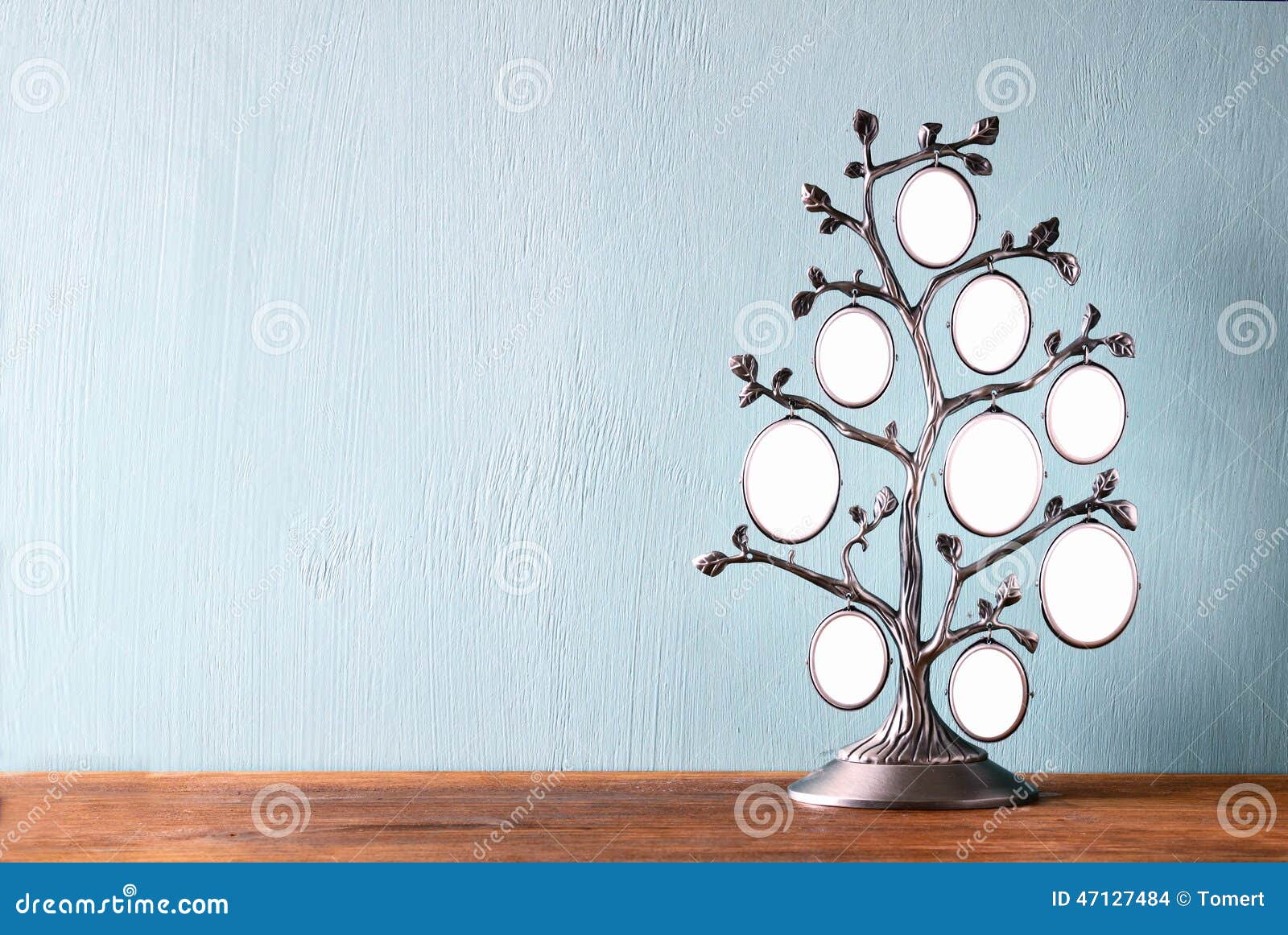 Blank family tree, notebook and pencil on wooden table, flat lay