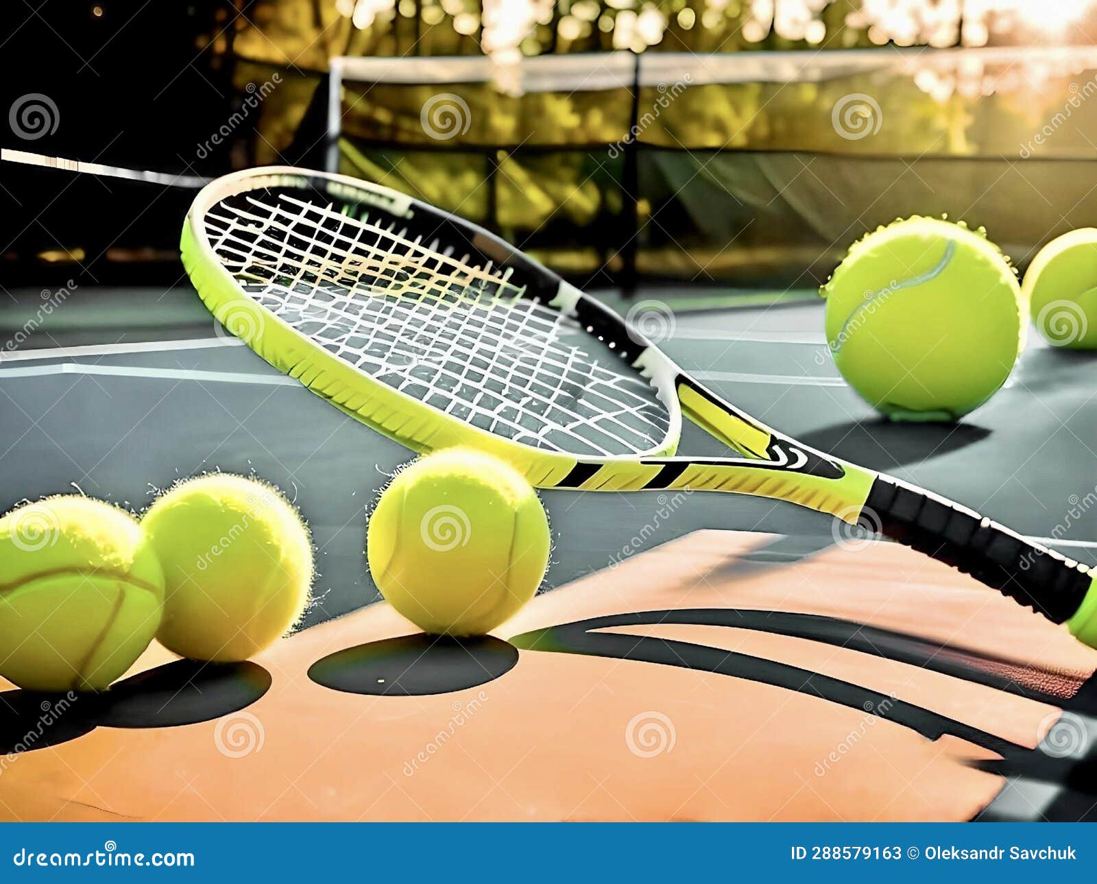 Tennis Racket and Balls on the Court. Selective Focus. Stock