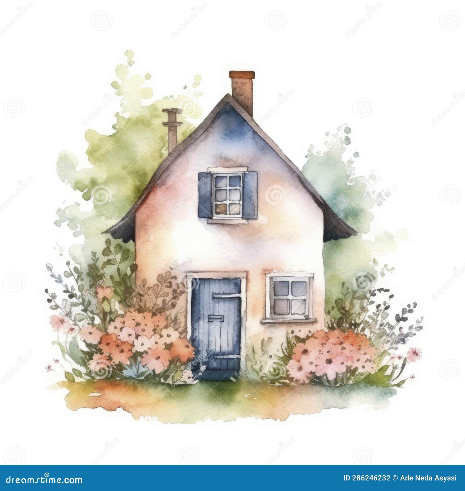 Watercolor Illustration of a Small House with Flowers Stock