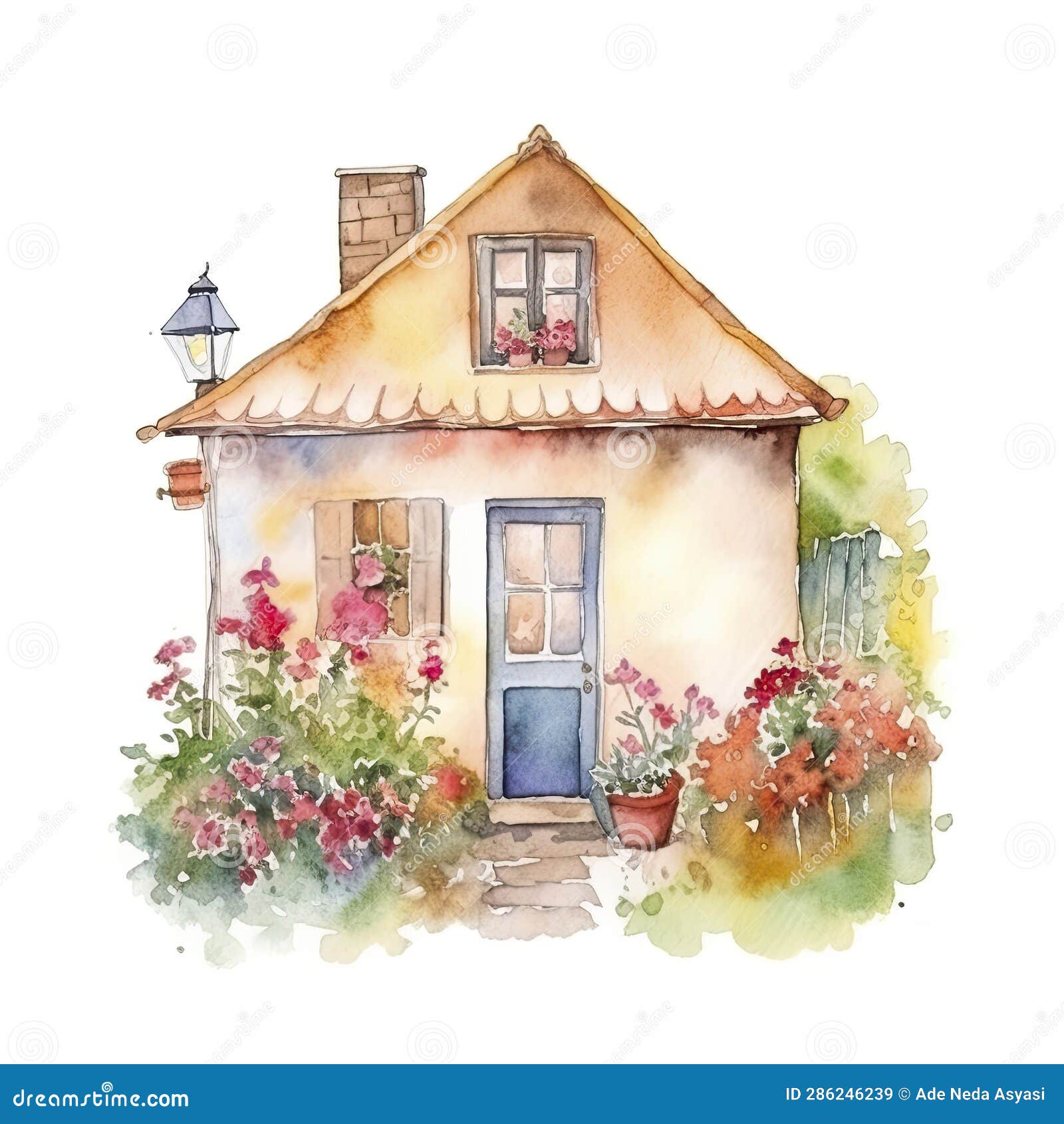 Watercolor Illustration of a Small House with Flowers Stock