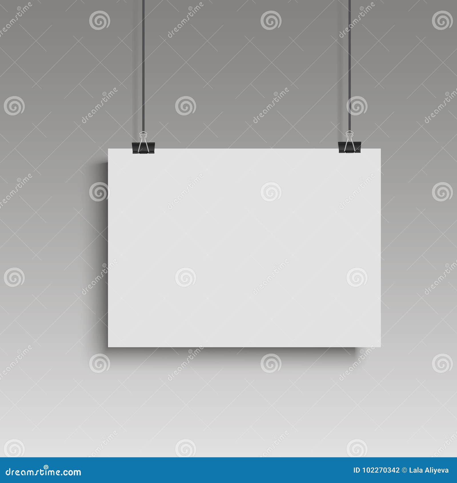 Image White Poster Hanging on Binder. Grey Wall with Mock Up Empty