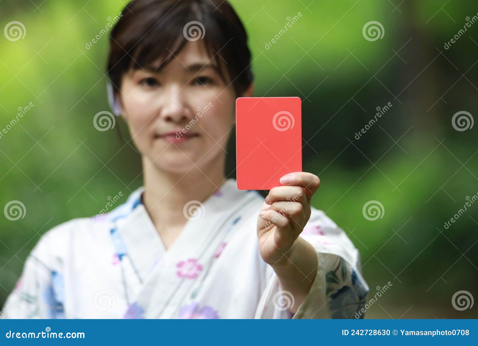 Yukata Woman Issuing A Red Card Stock Photo Image Of Asia Young