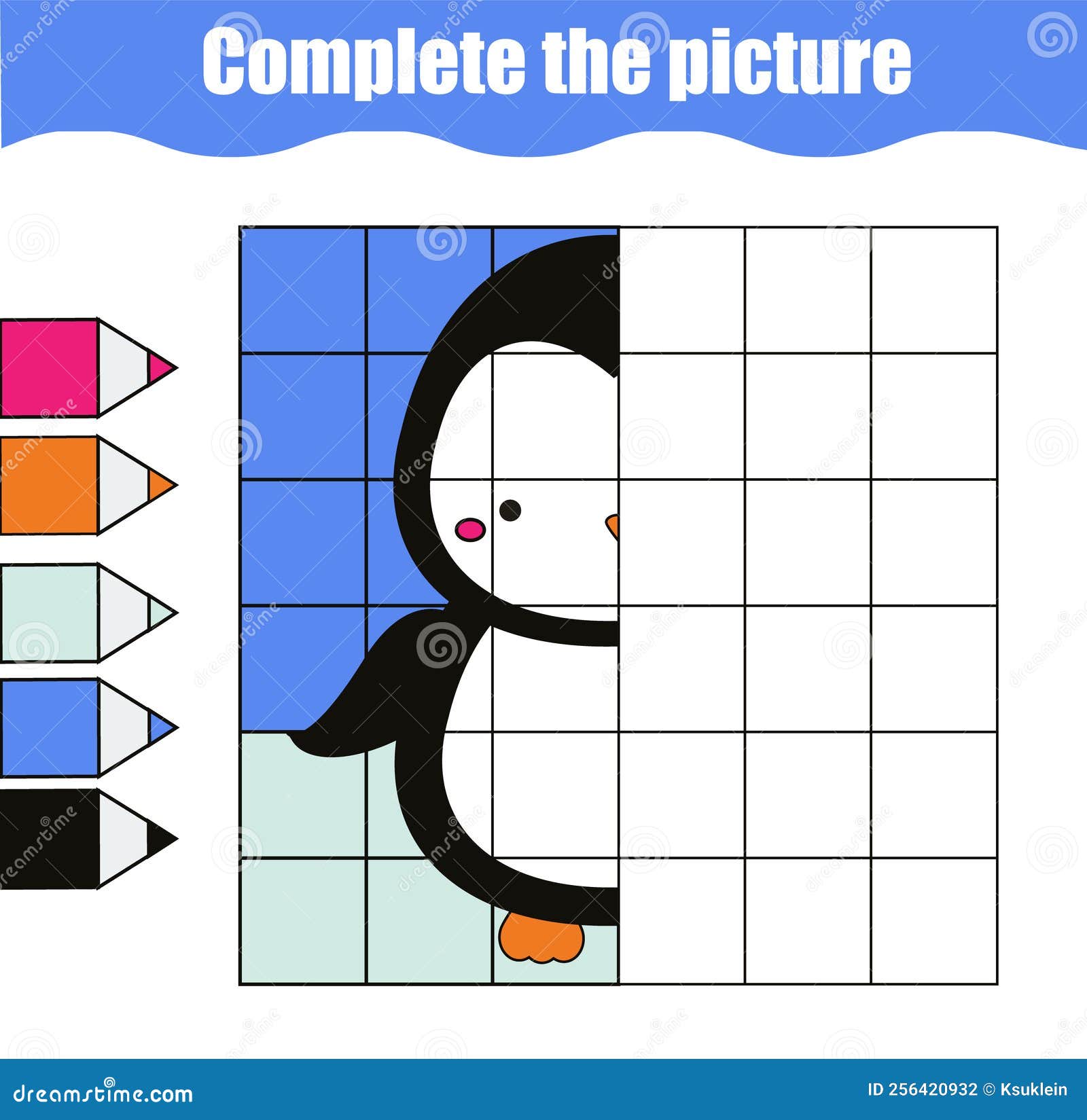 Imagem Completa Por Grade. Desenhar Pinguim. Jogo Educativo Para