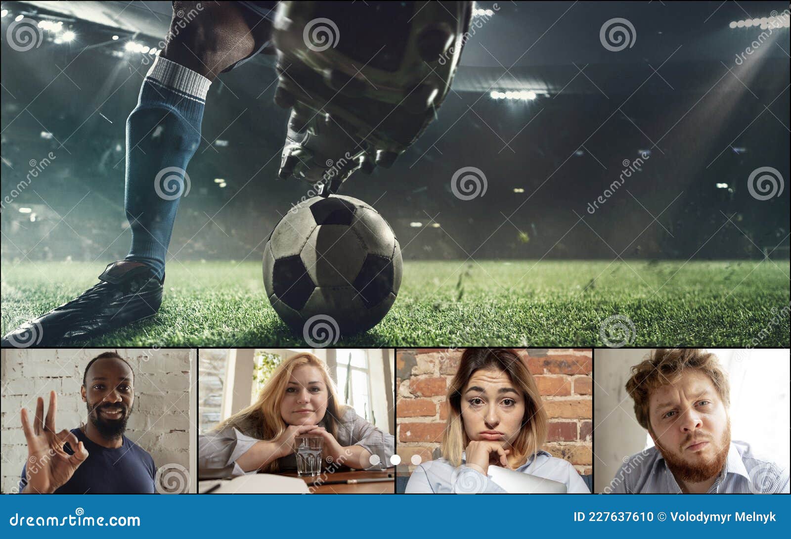 Imagem Composta De Colagem. Grupo De Jovens Assistindo Jogos De Futebol  Online Usando Aplicação De Vídeo. Ecrã Do Computador Portá Foto de Stock -  Imagem de atendimento, tela: 227637488