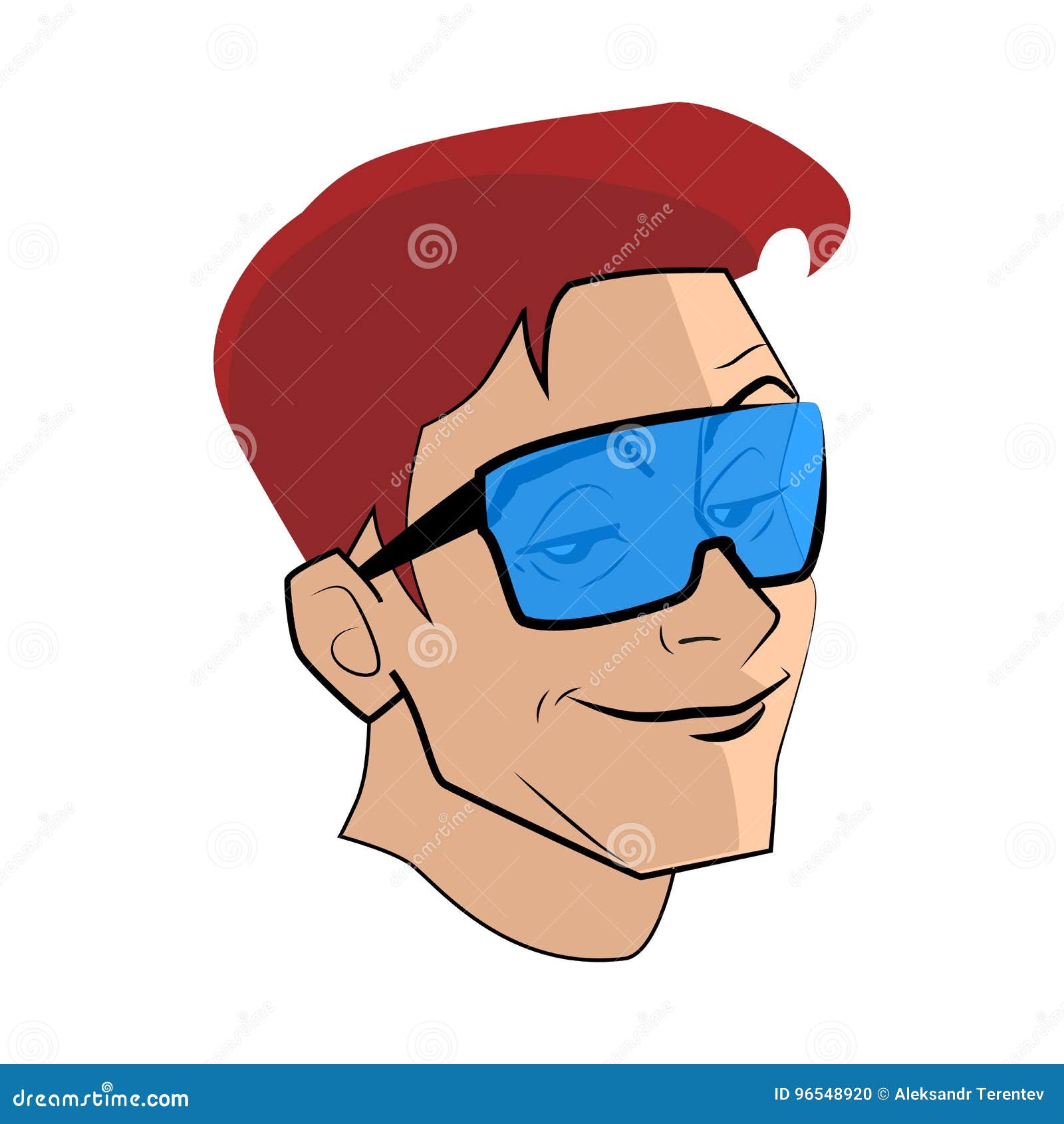 A imagem da cabeça de um homem novo com cabelo vermelho e vidros azuis Ilustração