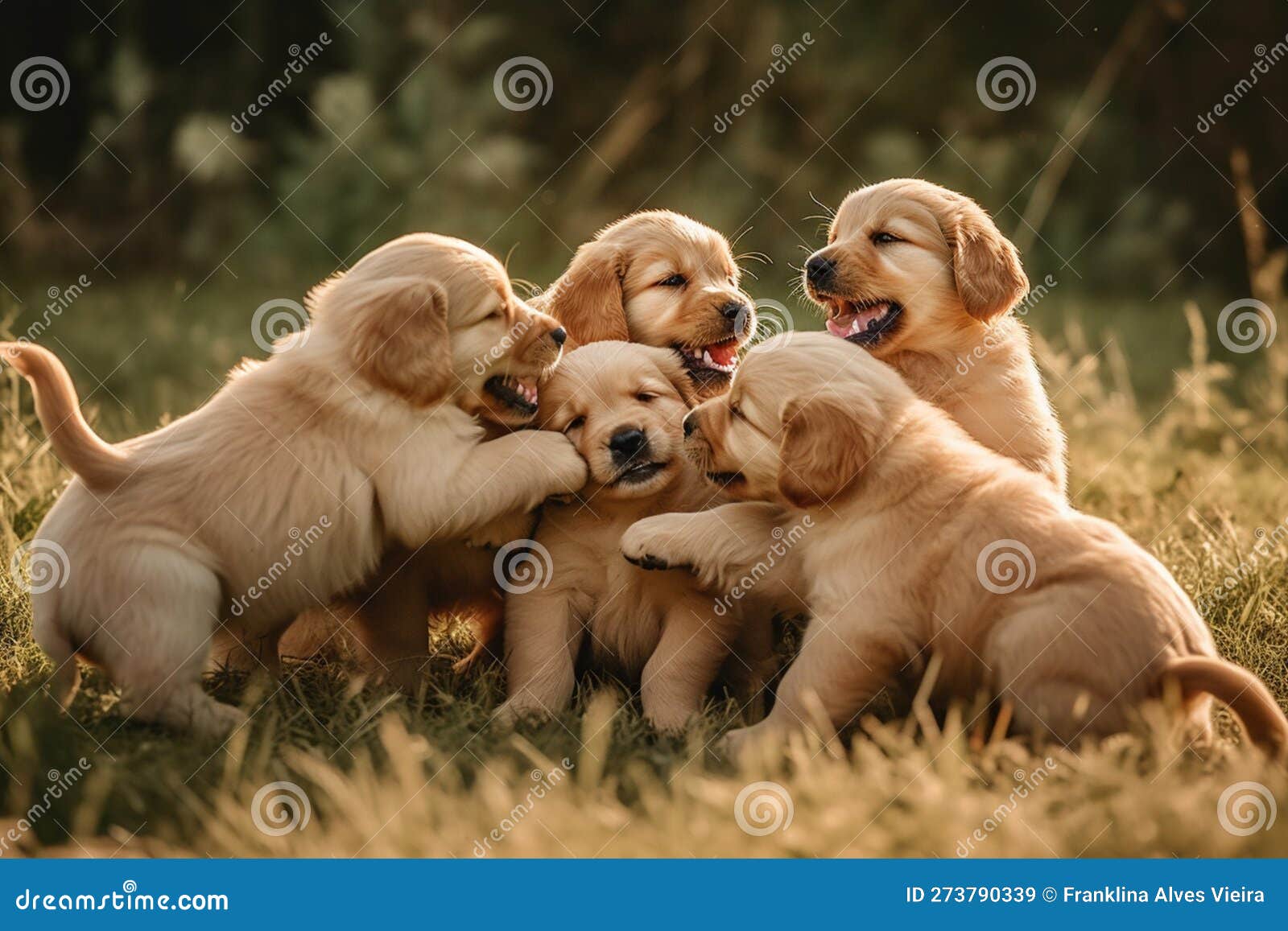 a group of golden retriever puppies playfully tumbling over one another in a grassy field, joyful expressions , ai generative