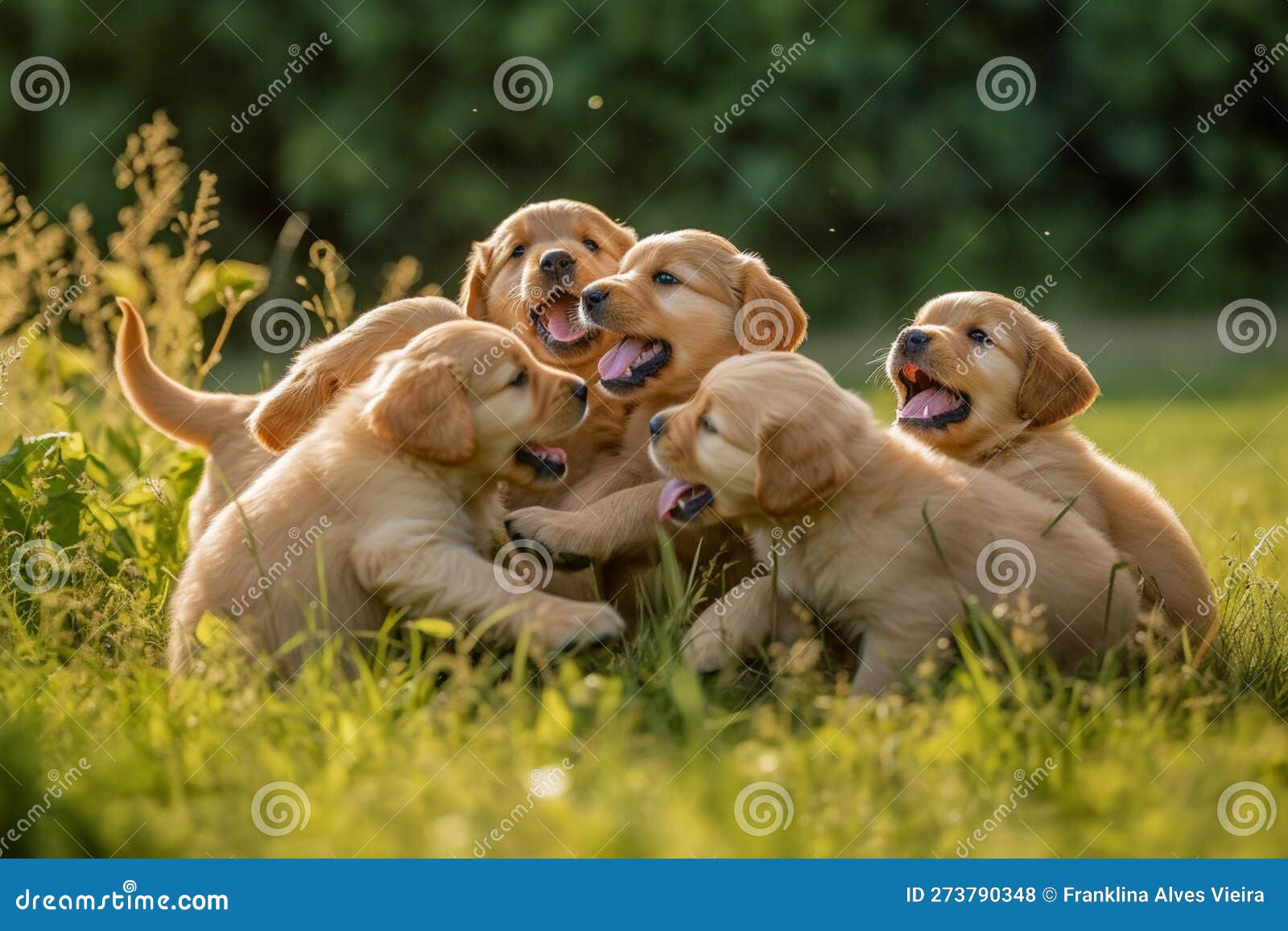 a group of golden retriever puppies playfully tumbling over one another in a grassy field, joyful expressions , ai generative