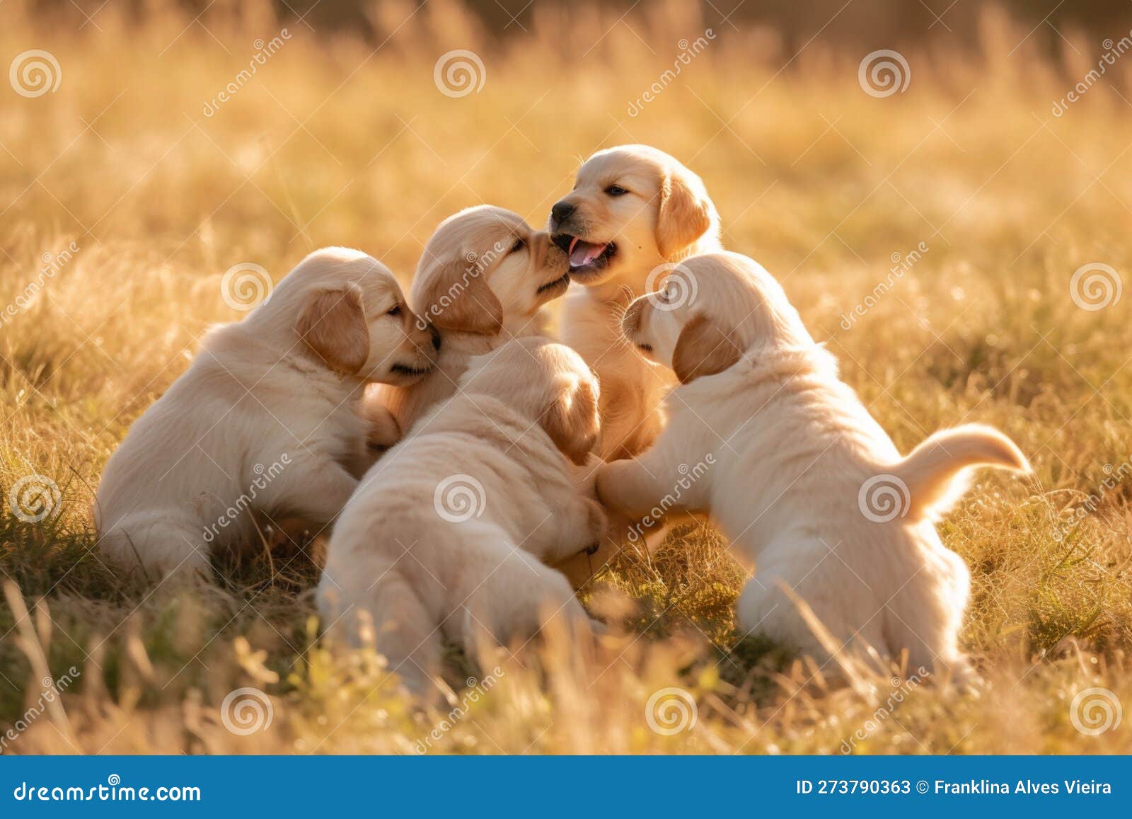 a group of golden retriever puppies playfully tumbling over one another in a grassy field, joyful expressions , ai generative