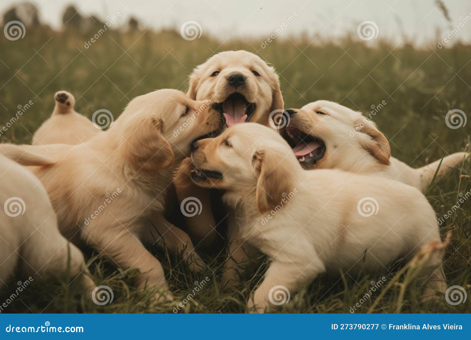 a group of golden retriever puppies playfully tumbling over one another in a grassy field, joyful expressions , ai generative