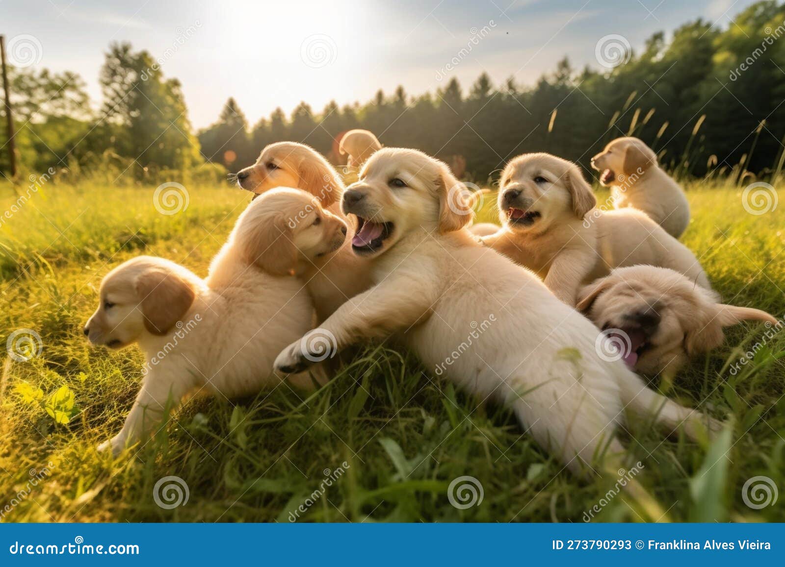 a group of golden retriever puppies playfully tumbling over one another in a grassy field, joyful expressions , ai generative