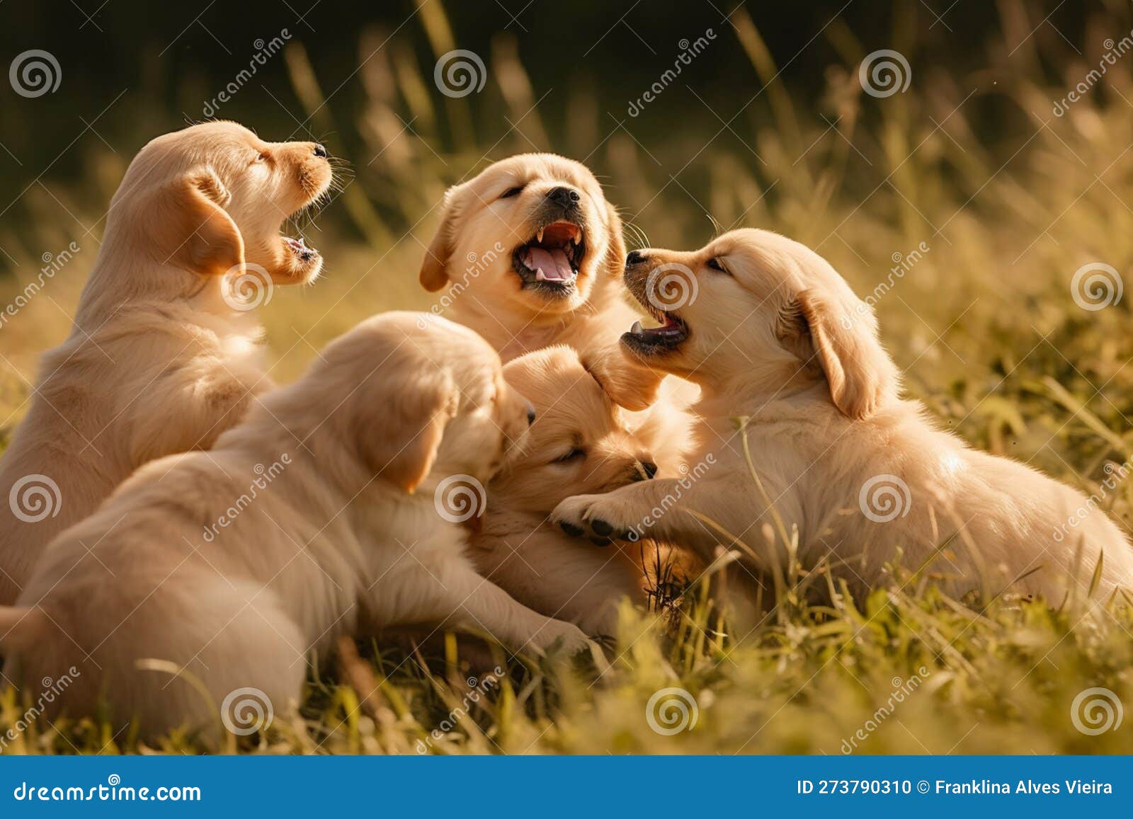 a group of golden retriever puppies playfully tumbling over one another in a grassy field, joyful expressions , ai generative