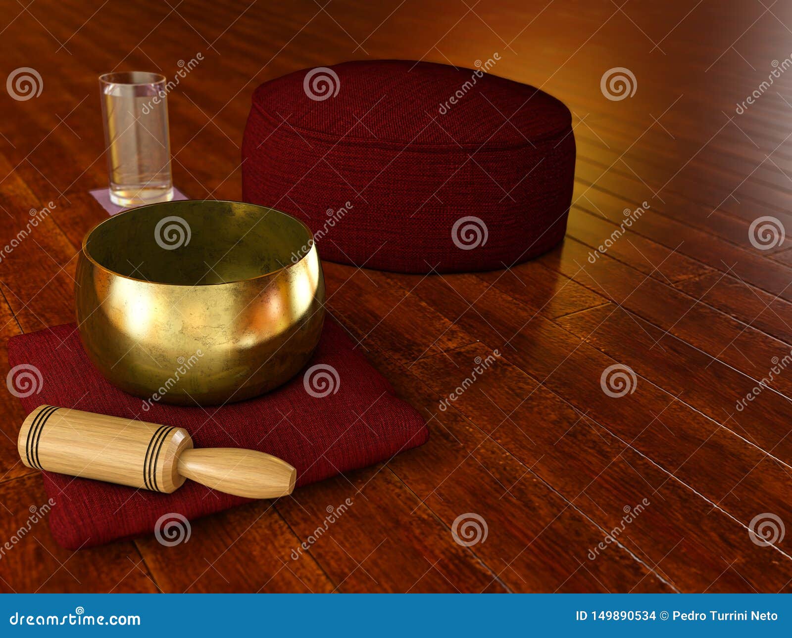 Meditation Environment with Wooden Floor, Tibetan Singing Bowl, Glass