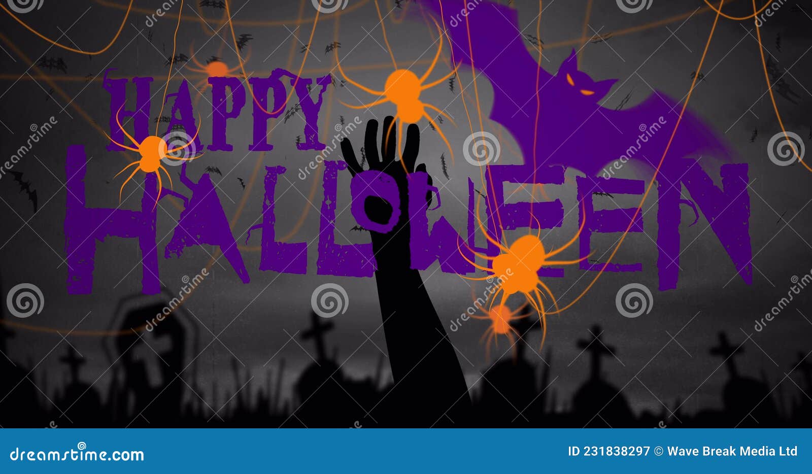 imagen of happy halloween, spiders and cemetery on purple background