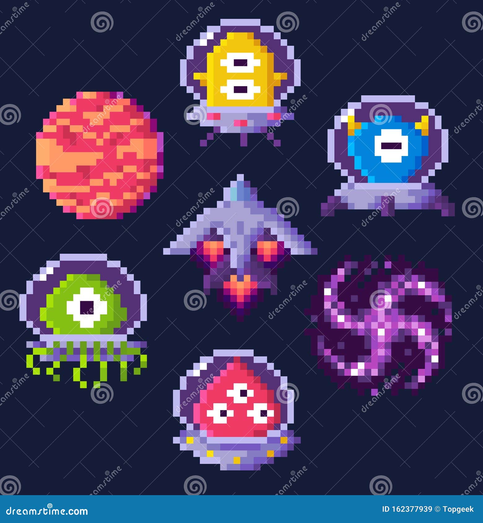 Estilo de arte pixel antigo ufo jogo de guerra espacial. monstros