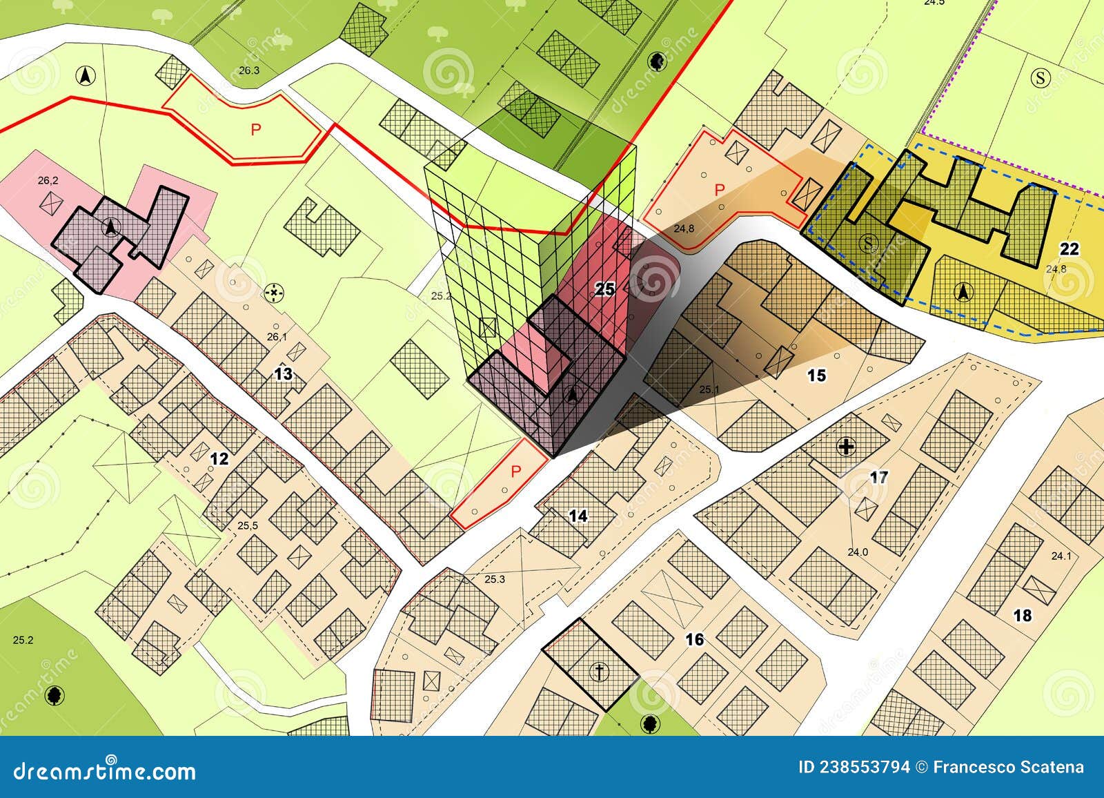 imaginary cadastral map of territory with building in the center - land registry concept  - note: the map background