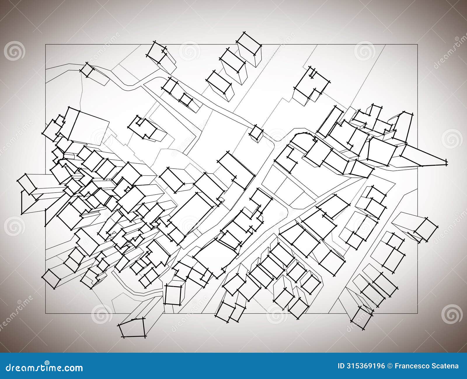 imaginary cadastral map of territory with 3d buildings, fields, roads and land parcel of a residential district