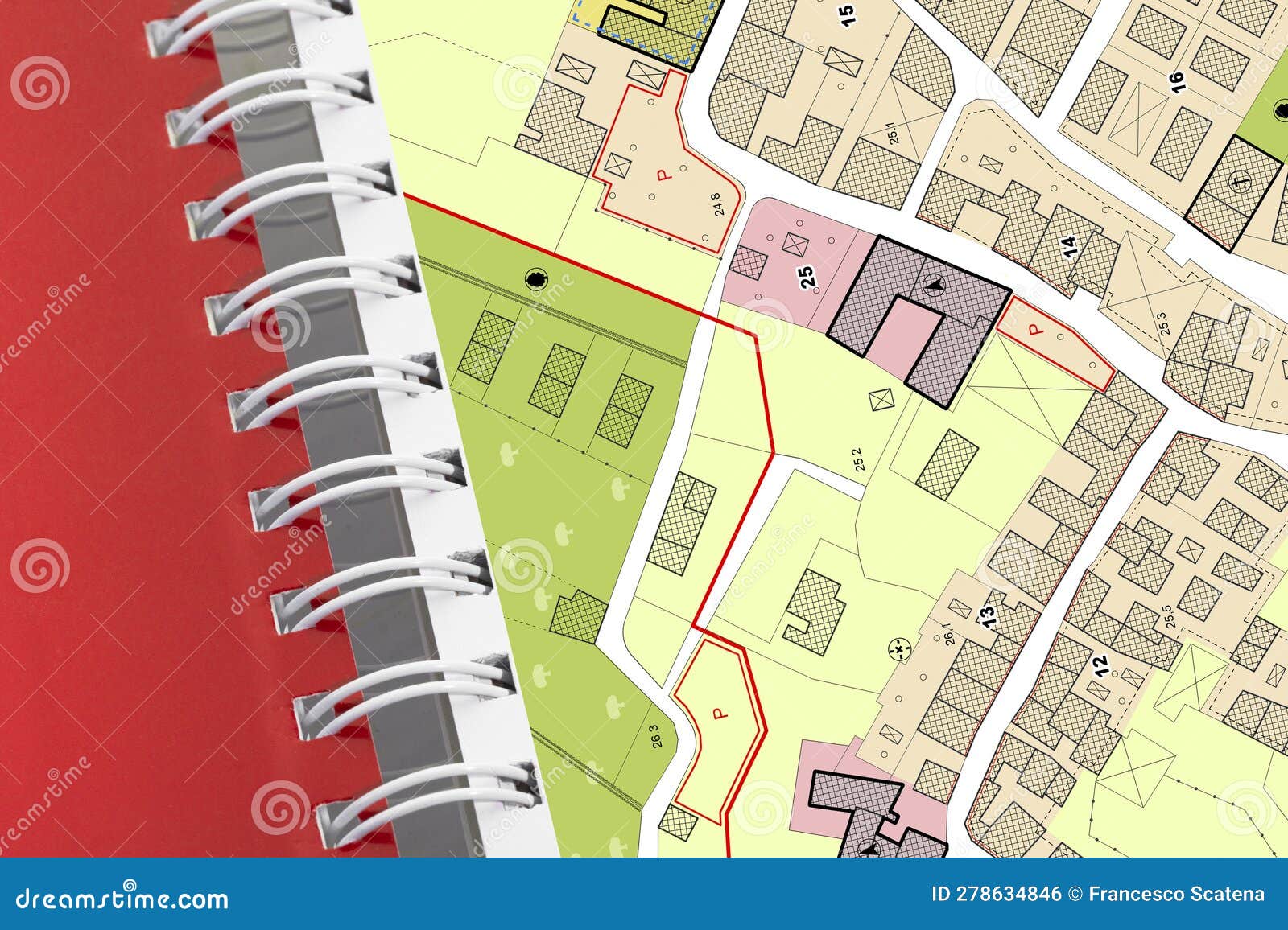 imaginary general urban plan concept - zoning regulations with zoning districts, urban destinations