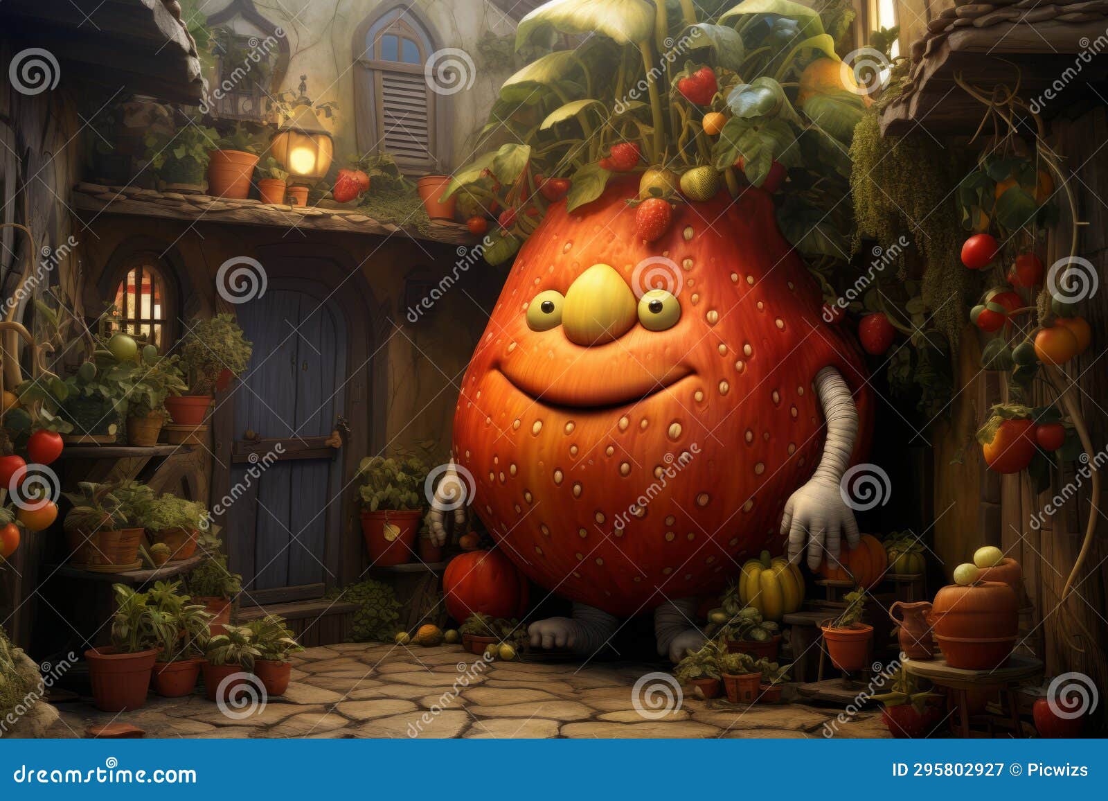 close-up of giant vegetable character in fantasy lush rural farmhouse. generative ai.