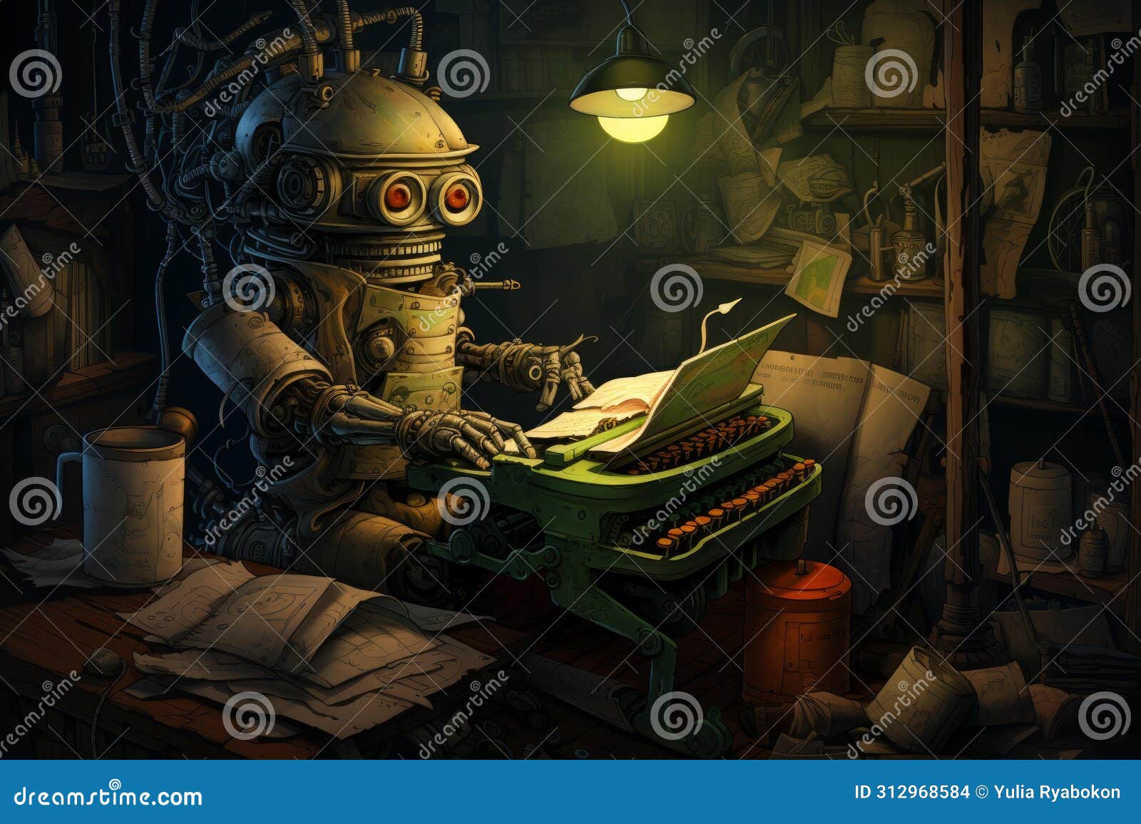 imaginative medieval robot redactor working at typewriter. generate ai