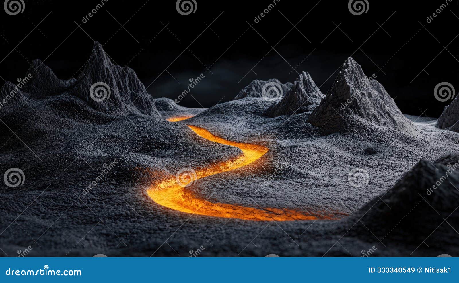 an imaginative scene showcasing a fiery lava flow winding through dark volcanic terrain creating a dramatic and mystical