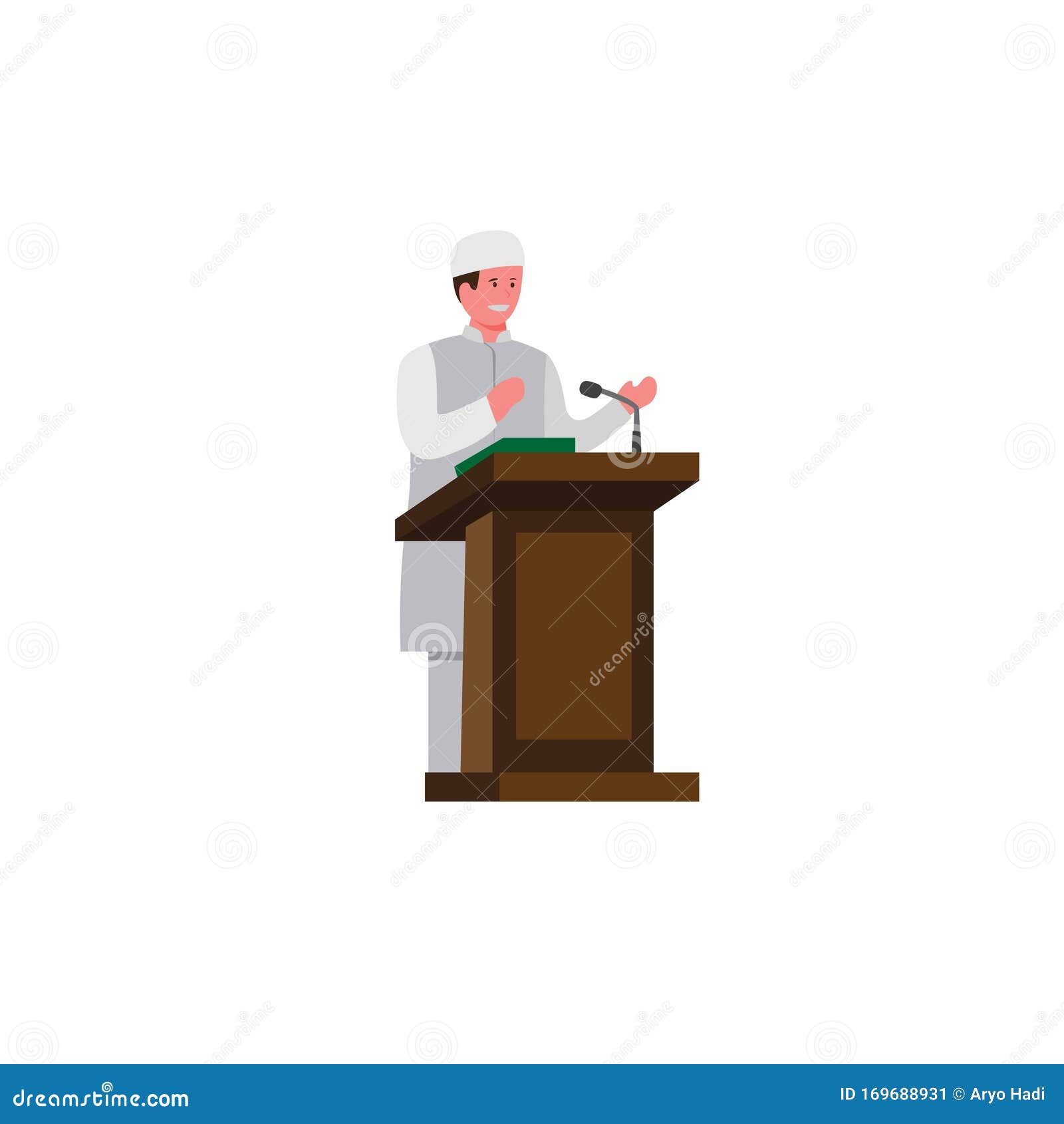 imam muslim standing giving speech in podium, religous prayer moslem icon in cartoon flat    in white ba