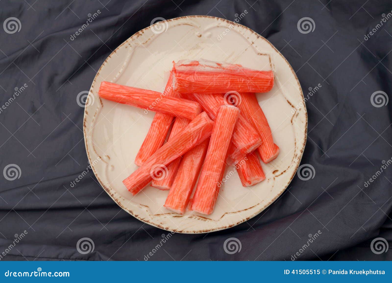 Imitation Crab in Plate on Gray Background. Stock Image Image of