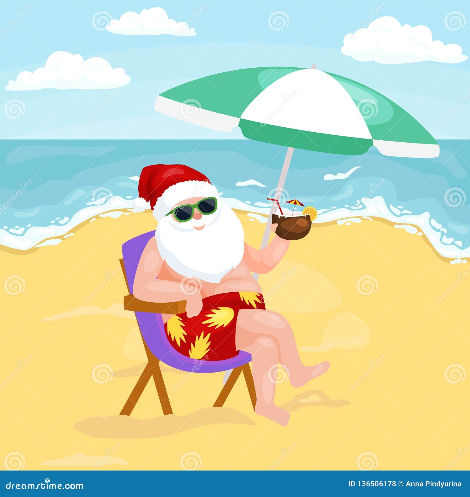 Immagine Del Fumetto Del Babbo Natale in Costume Da Bagno Che Si Siede Sulla Spiaggia Illustrazione Vettoriale - Illustrazione di natale, paesaggio: 136506178