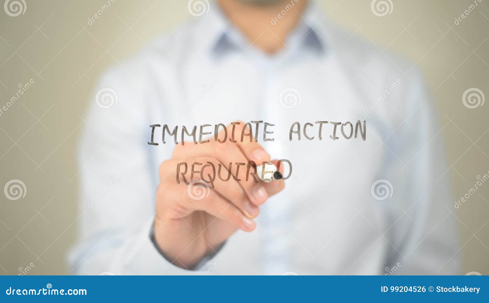 Immediate Action Required , Man Writing on Transparent Screen Stock