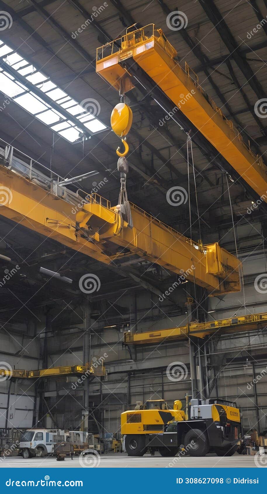 an immense overhead crane hook suspended in midair at a bustling industrial location