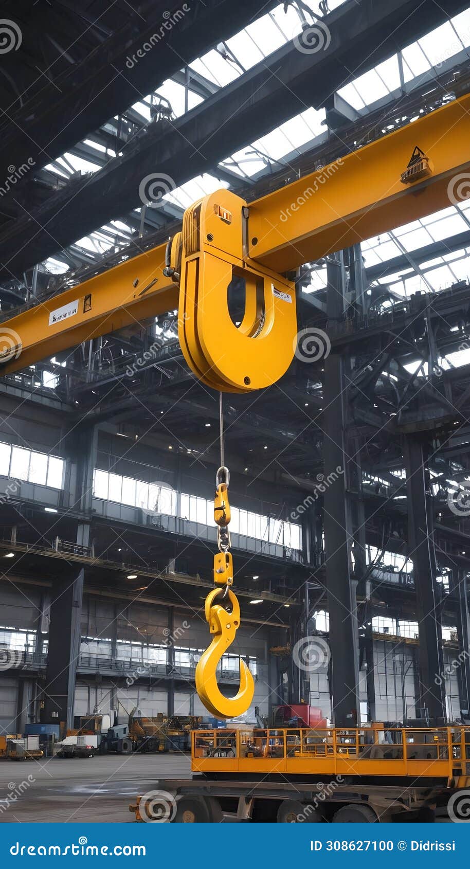 an immense overhead crane hook suspended in midair at a bustling industrial location