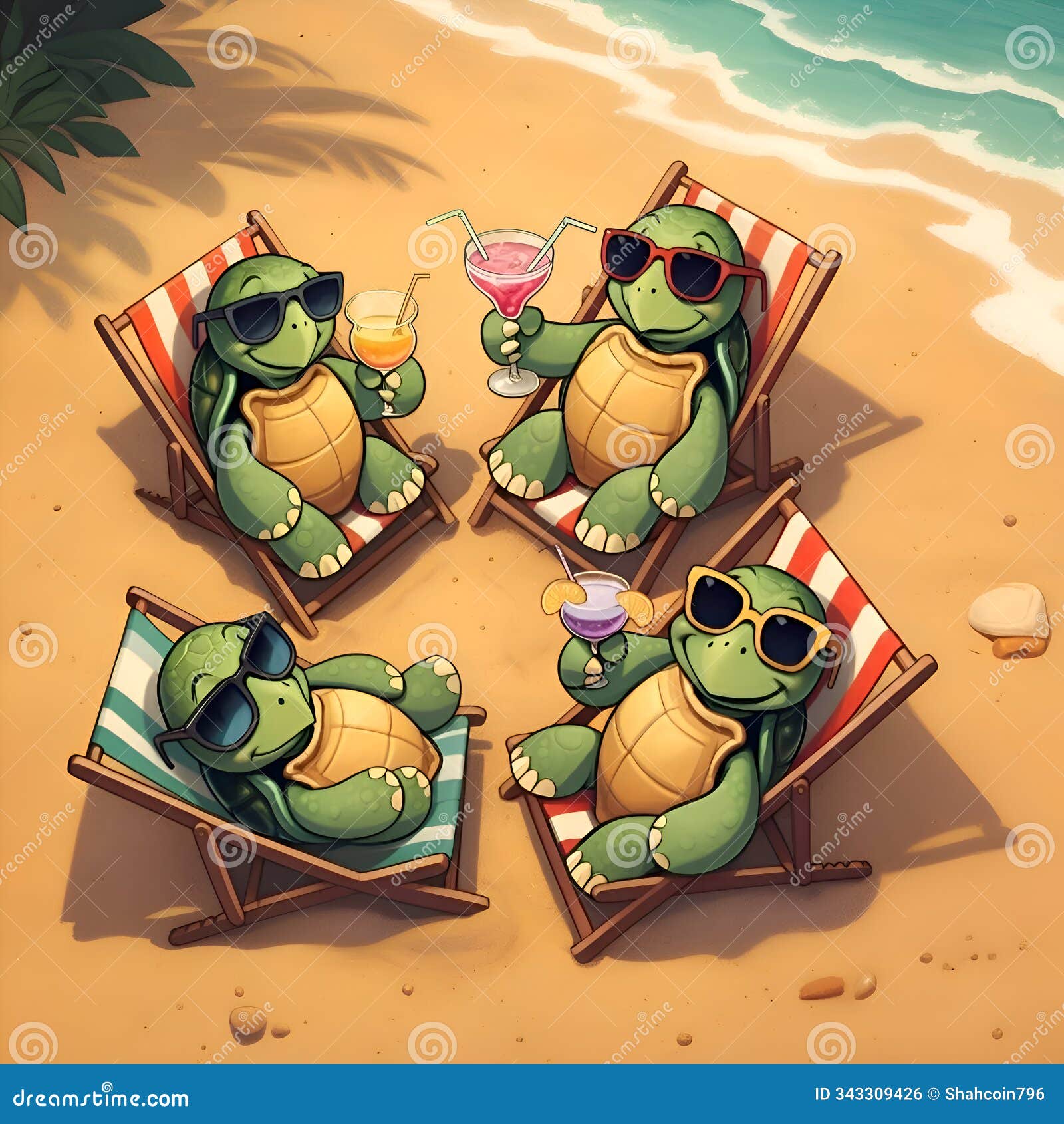 ai-generated beach scene: four turtles in sunglasses relaxing with cocktails
