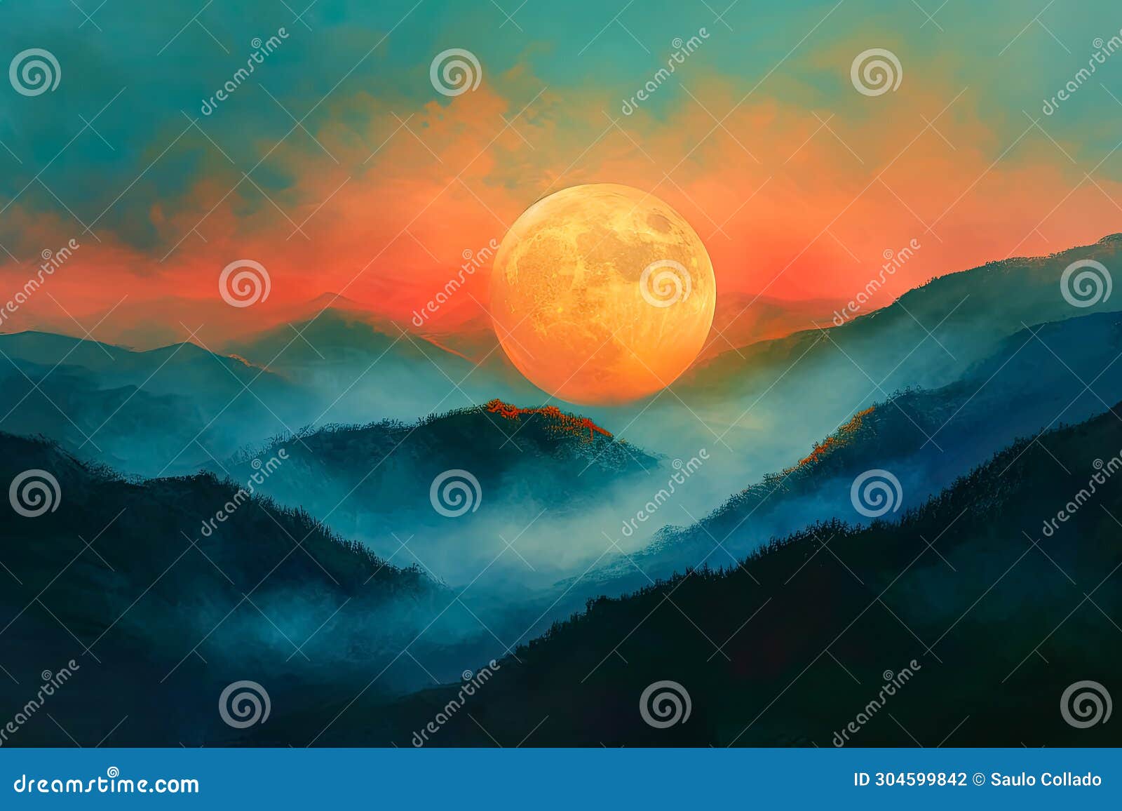 full orange moon over hills, in the style of colorful landscapes.