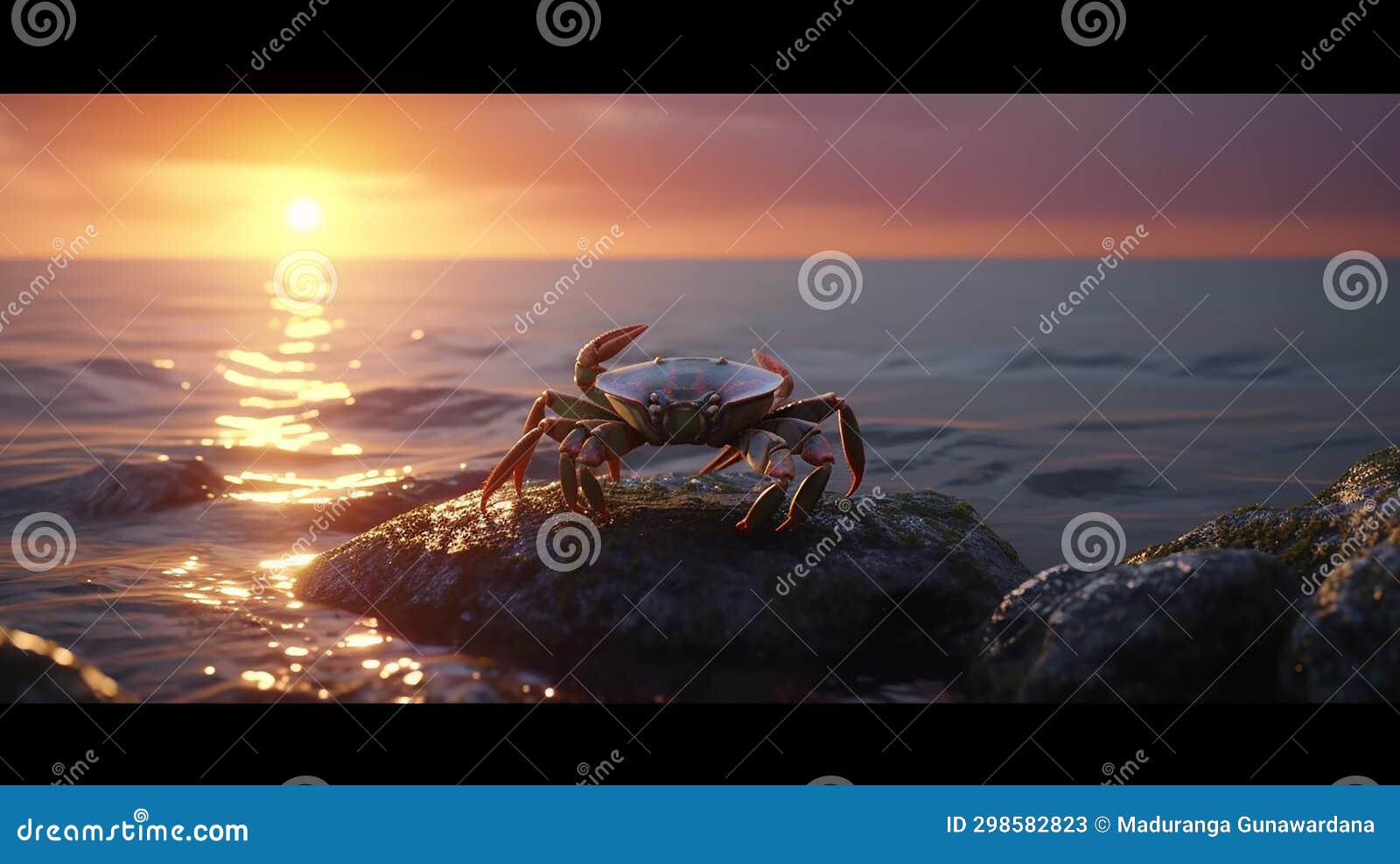 oceanic serenity: captivating crab on rocky perch amidst tides.