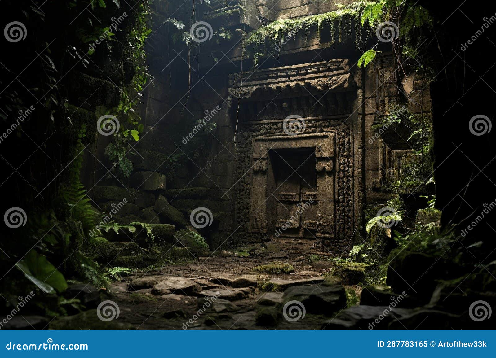 Enigmatic Doorway: a Torch-Lit Exploration of Ancient Ruins Stock