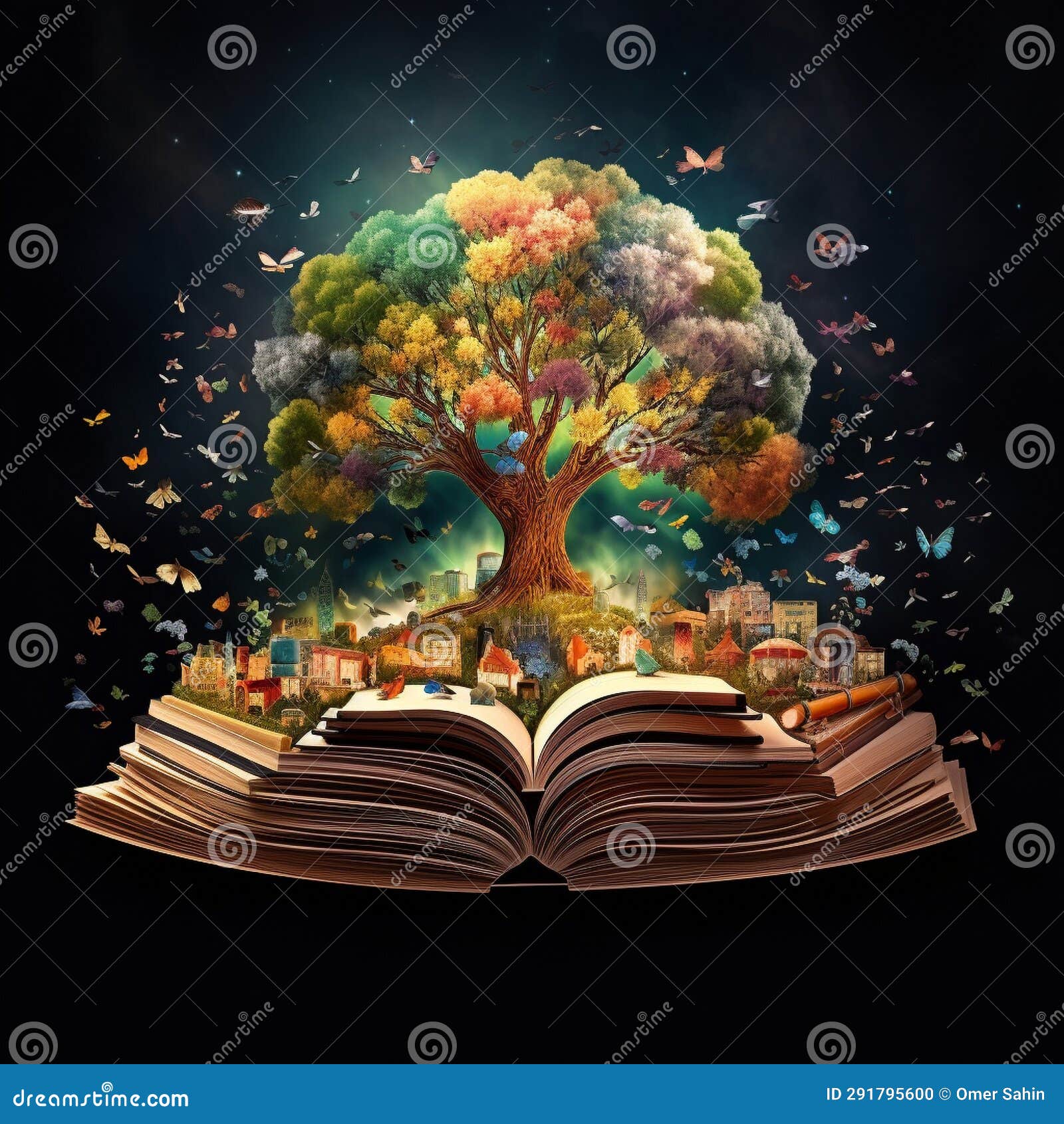 literary origins: an inkwell sprouting a tree of books