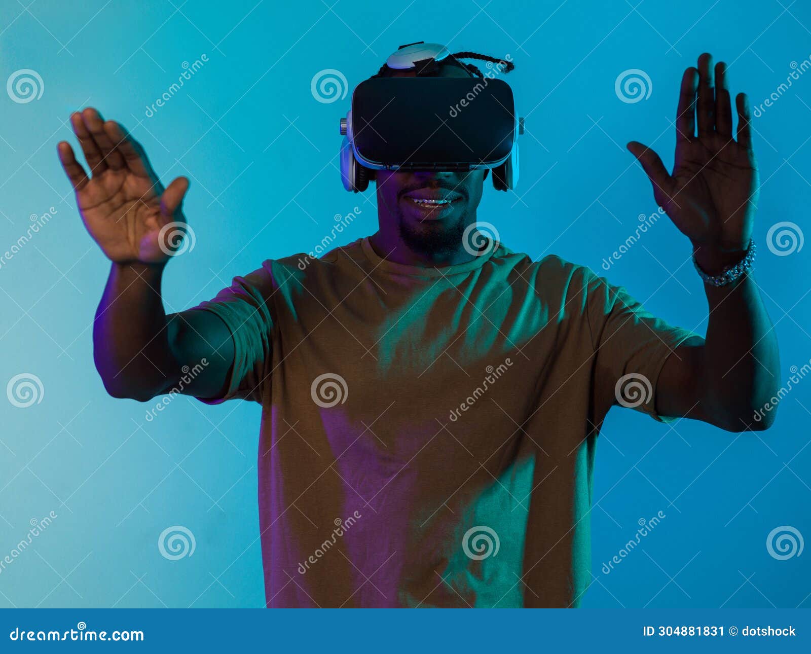 immersed in a digital realm, an african american man navigates the virtual landscape with a vr goggles, using tactile