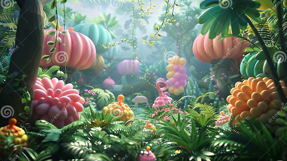 An Immersive 3D Scene of a Balloonanimal Jungle with Rubbery Trees and