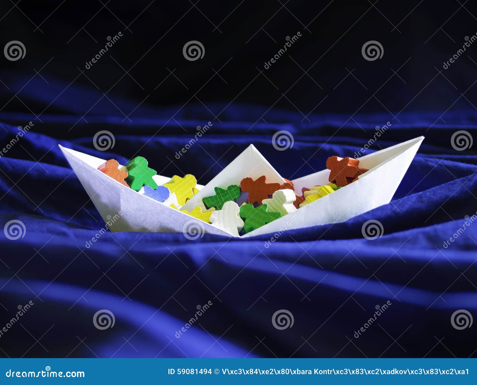 immigration emigration migration concept, paperboat with meeples