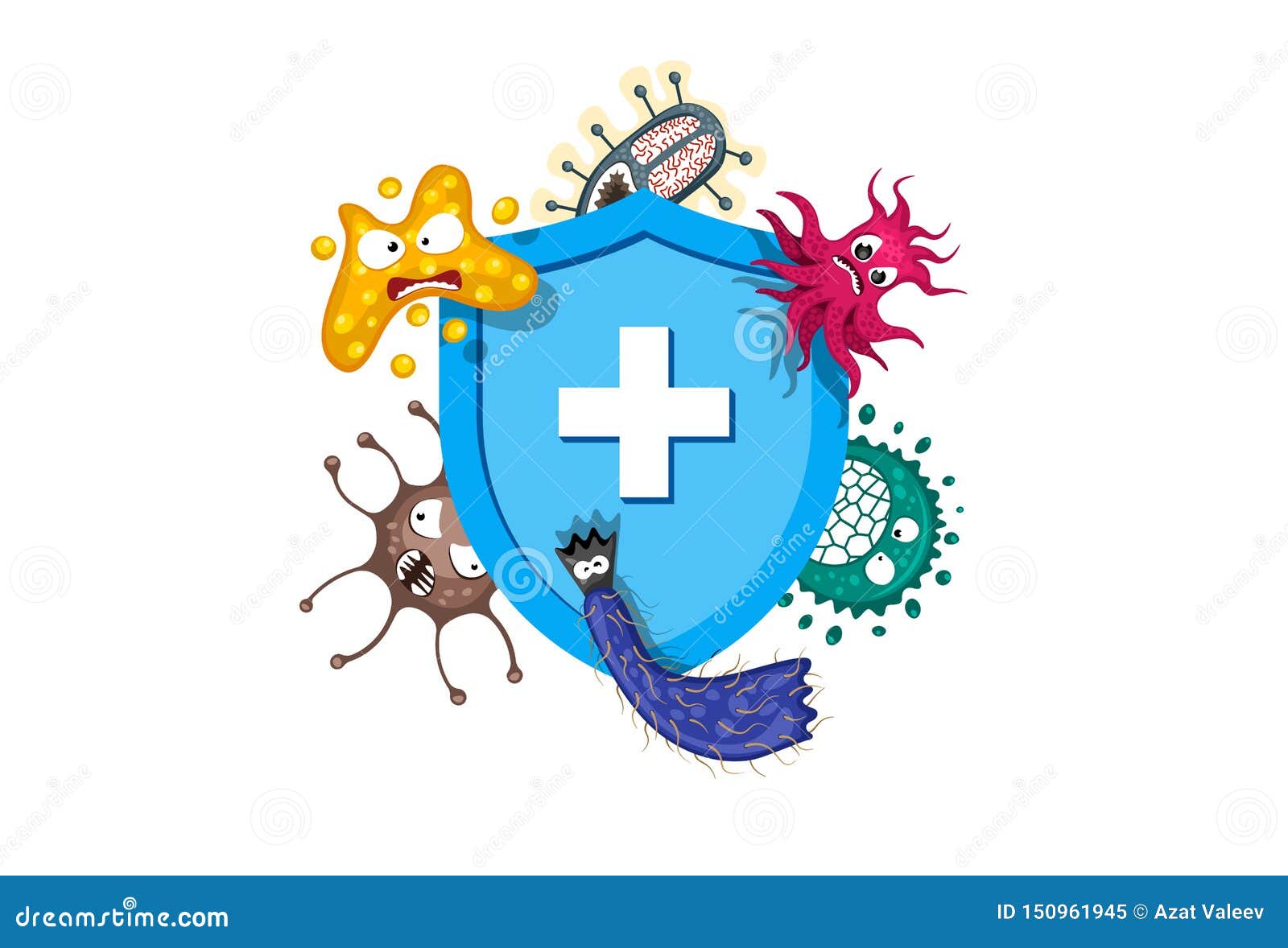 immune system concept. hygienic medical blue shield protecting from virus germs and bacteria. flat  