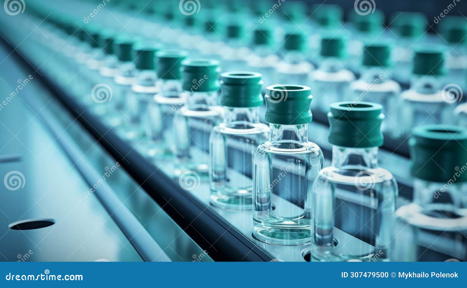 immunizing serumbottles on a conveyor belt. pharmaceutical laboratory. factory. vaccine production. neural network ai