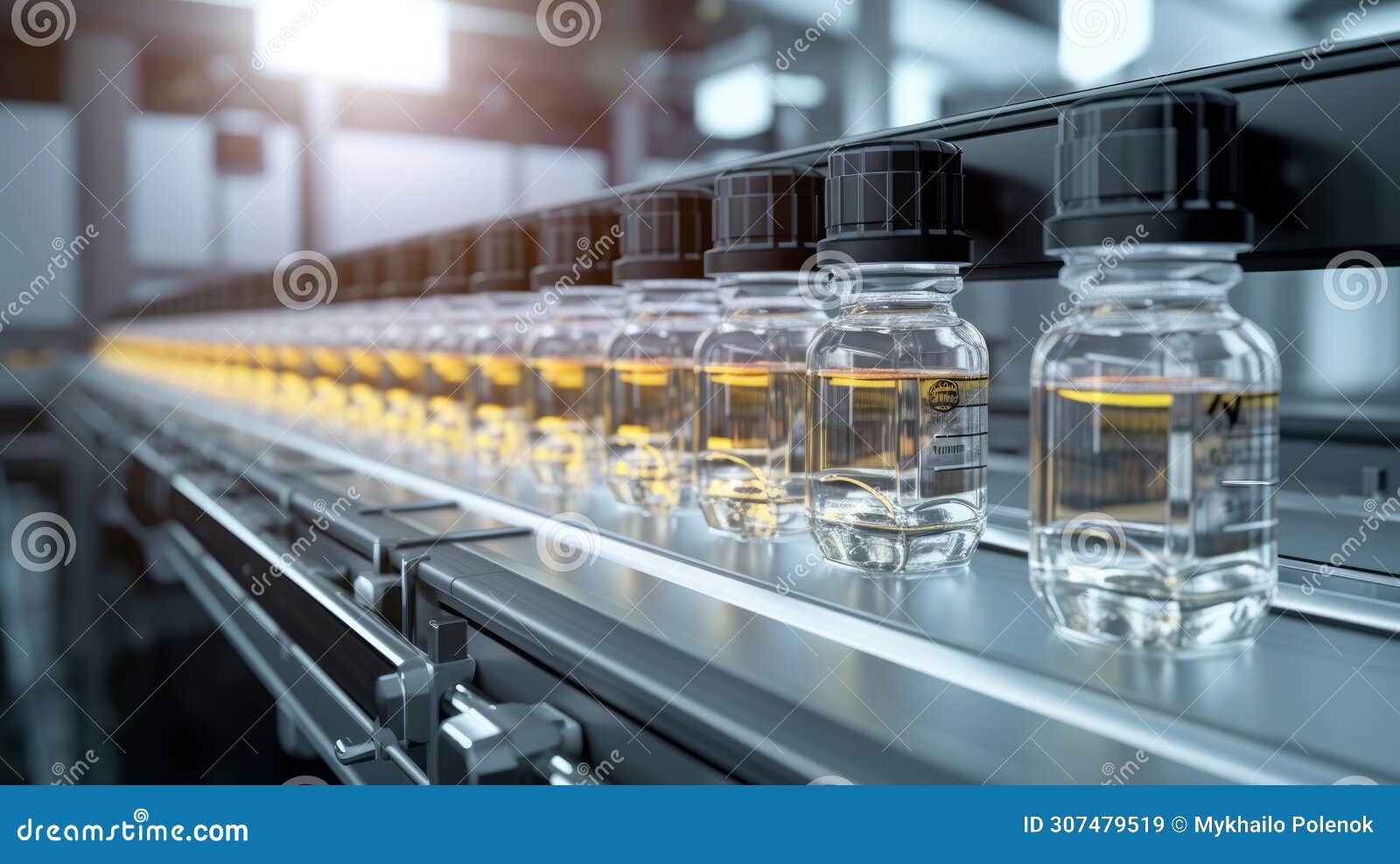 immunizing serumbottles on a conveyor belt. pharmaceutical laboratory. factory. vaccine production. neural network ai